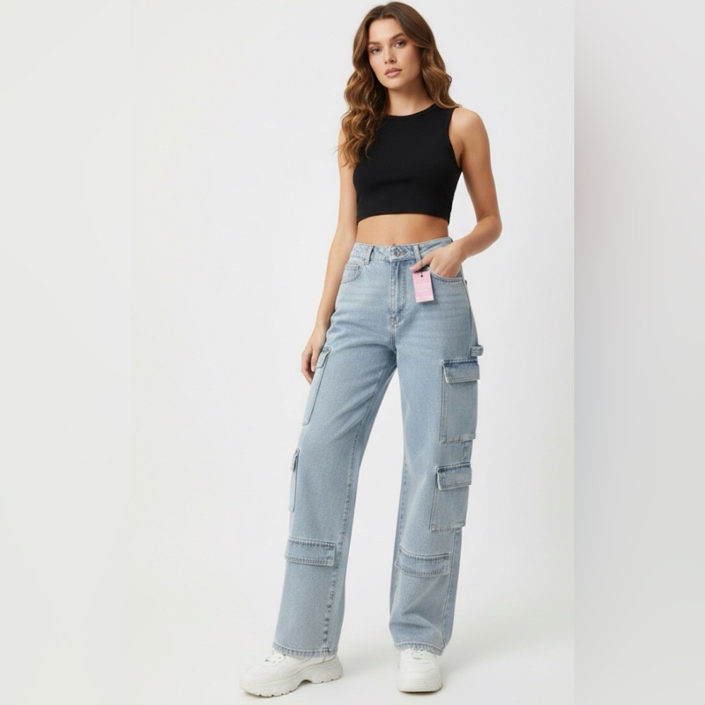 PrettyLittleThing Light Blue Wide Leg Cargo Jeans Size 10 NWT